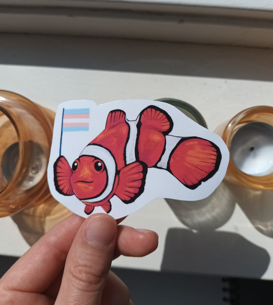 Clownfish holding trans flag sticker – handmade LGBTQ+ pride vinyl sticker.