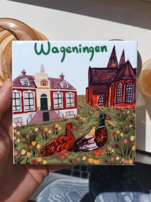 Wageningen ceramic tile with church, municipality, tulips & duck family