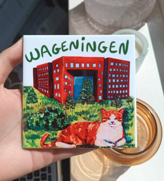 Handmade Wageningen ceramic tile with orange cat and Forum building