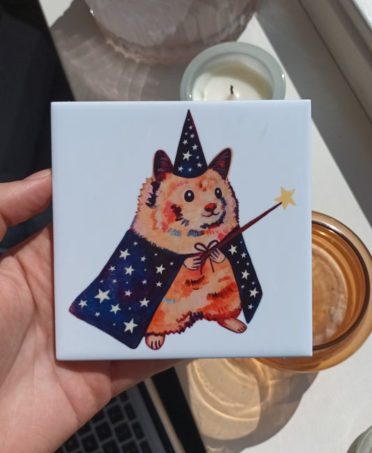 Handmade ceramic tile with cute wizard hamster and easel