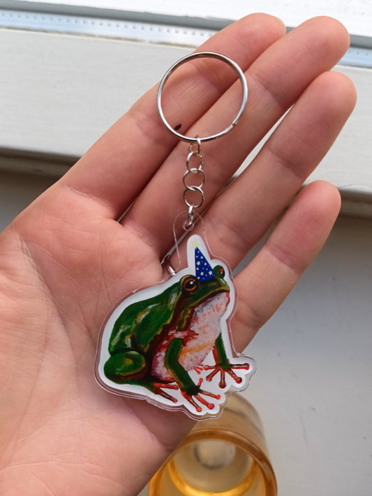 Acrylic keychain with cute frog wearing wizard's hat
