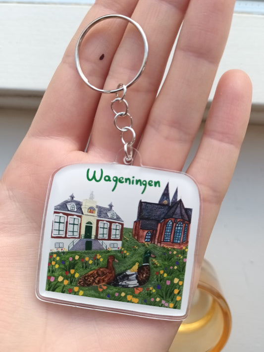 Acrylic Wageningen keychain with duck family, church and tulips