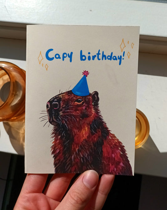 Handmade capybara birthday card with party hat