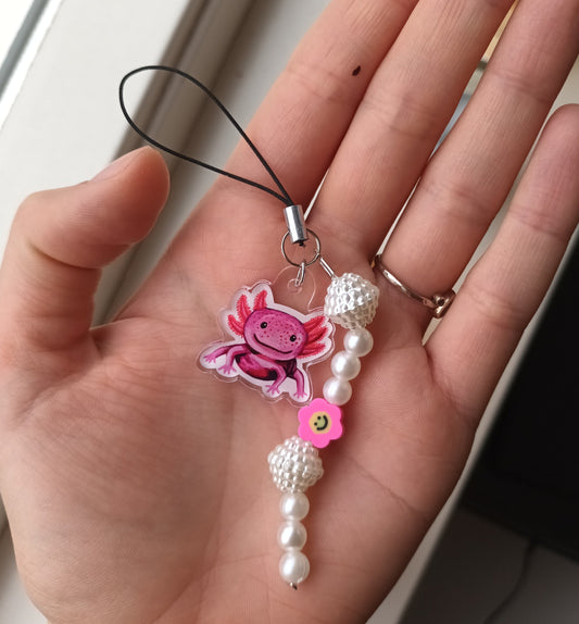 Handmade axolotl phone charm with beads and pearls