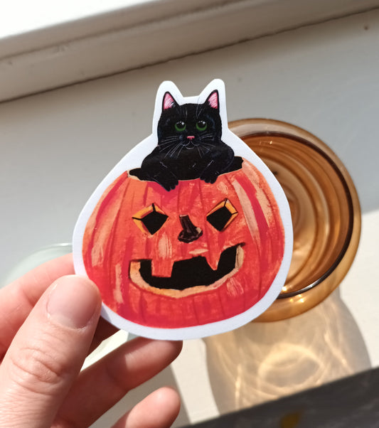 Hand holding a Halloween-themed sticker with a black cat and pumpkin design.