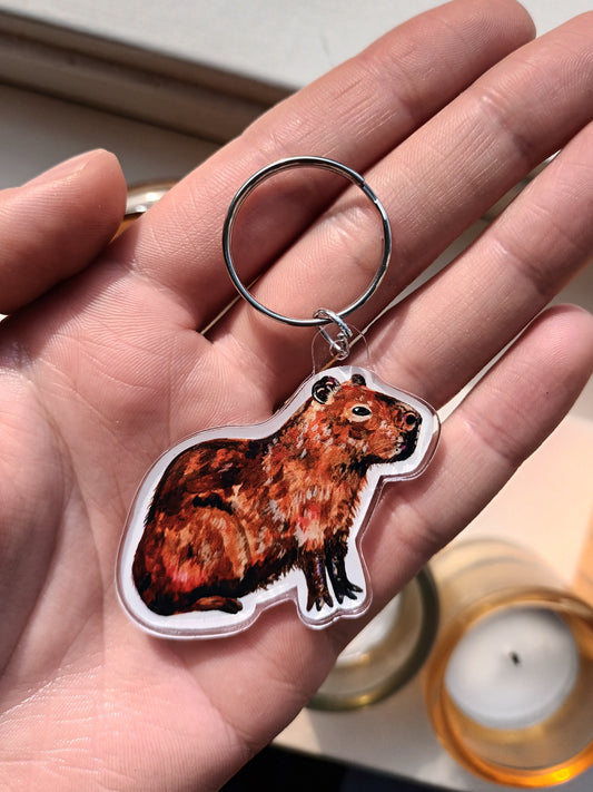 Hand holding a keychain with a capybara design.