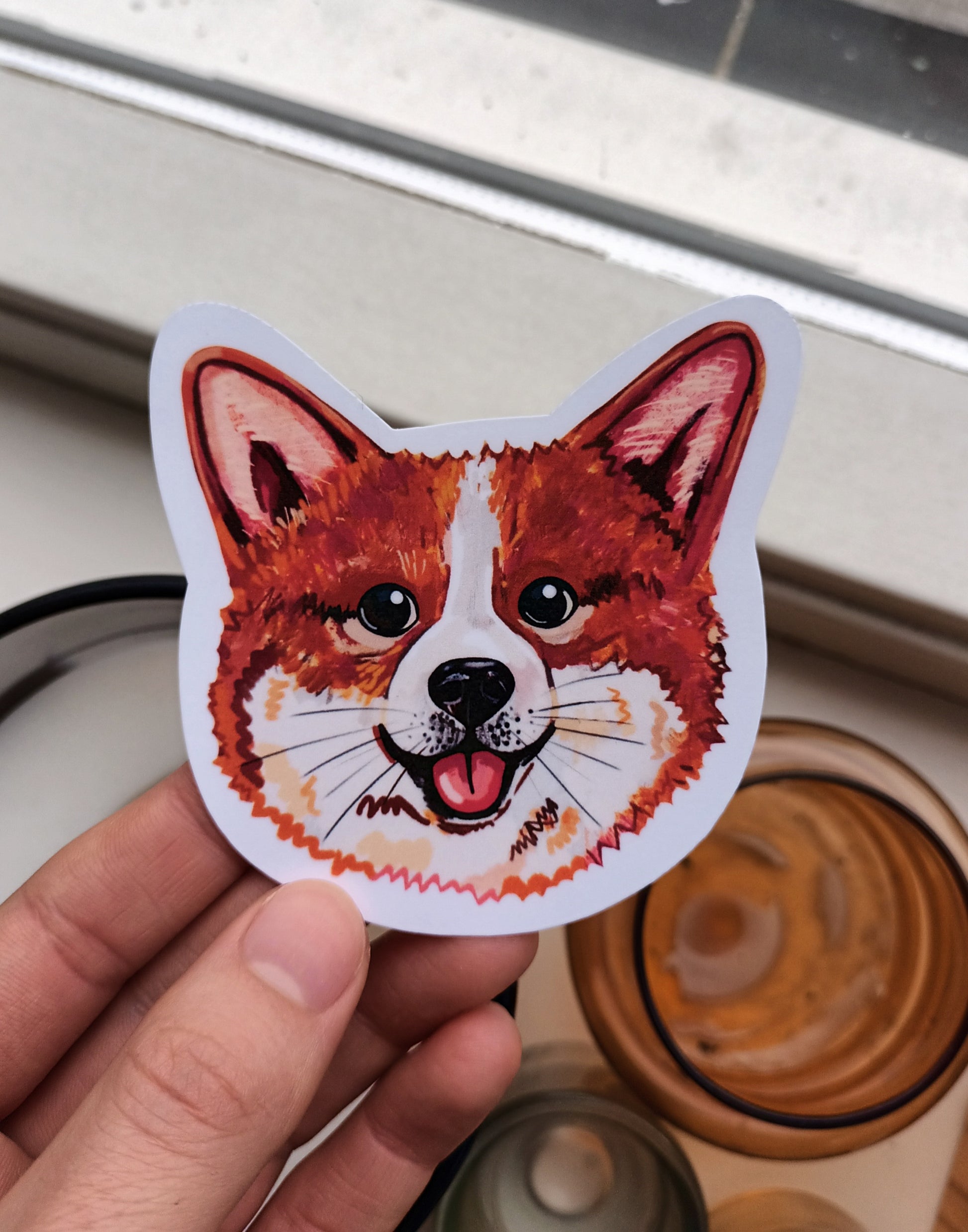 Cute Corgi Face sticker, original illustration by the artist, 8 x 7.89 cm