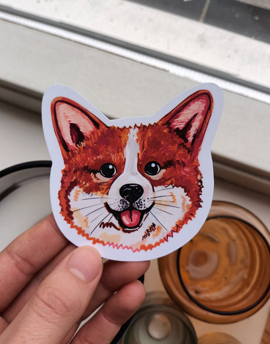 Cute Corgi Face sticker, original illustration by the artist, 8 x 7.89 cm