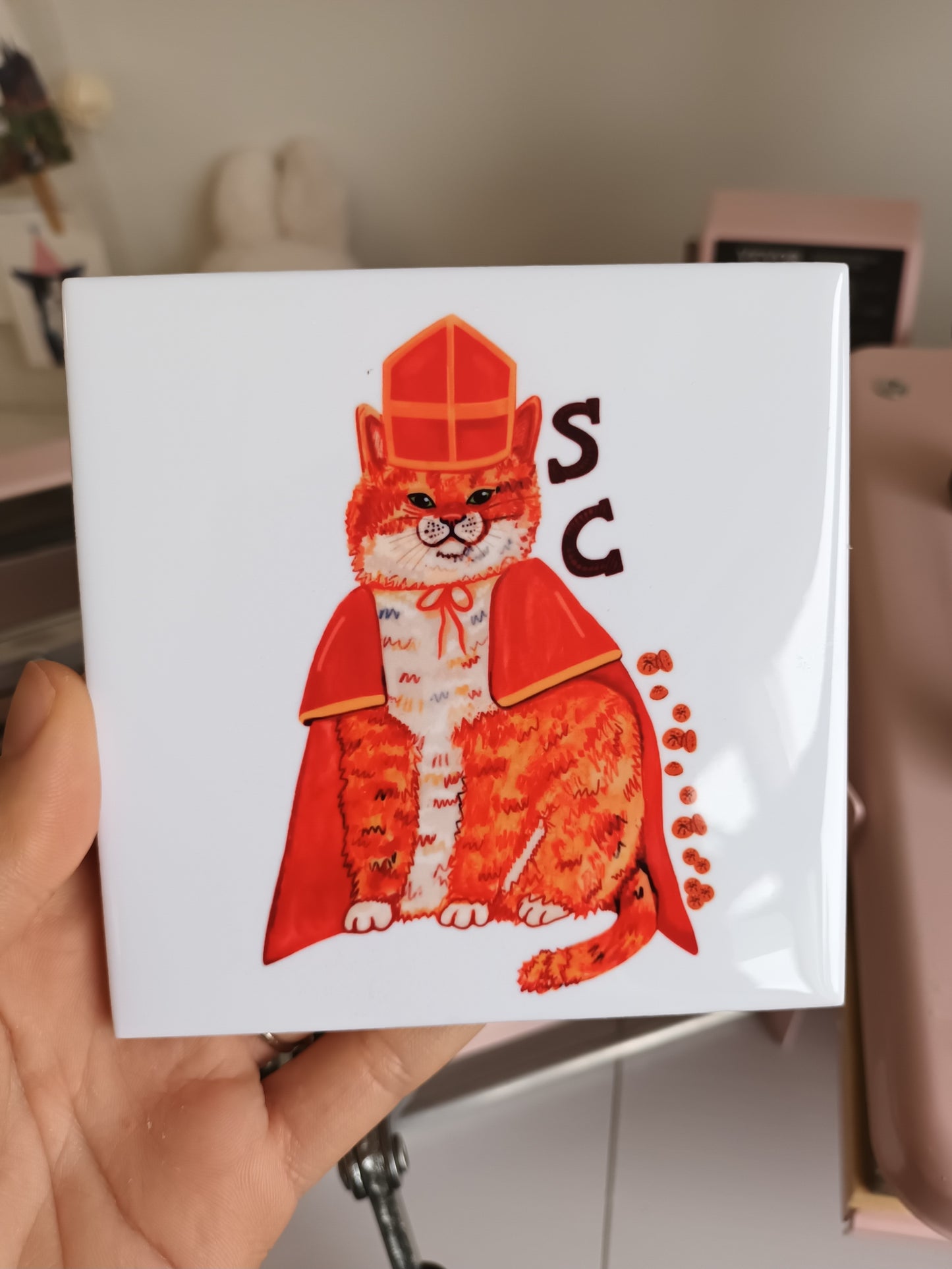 Sintercat Ceramic Tile – Festive Cat Illustration Printed by the Artist
