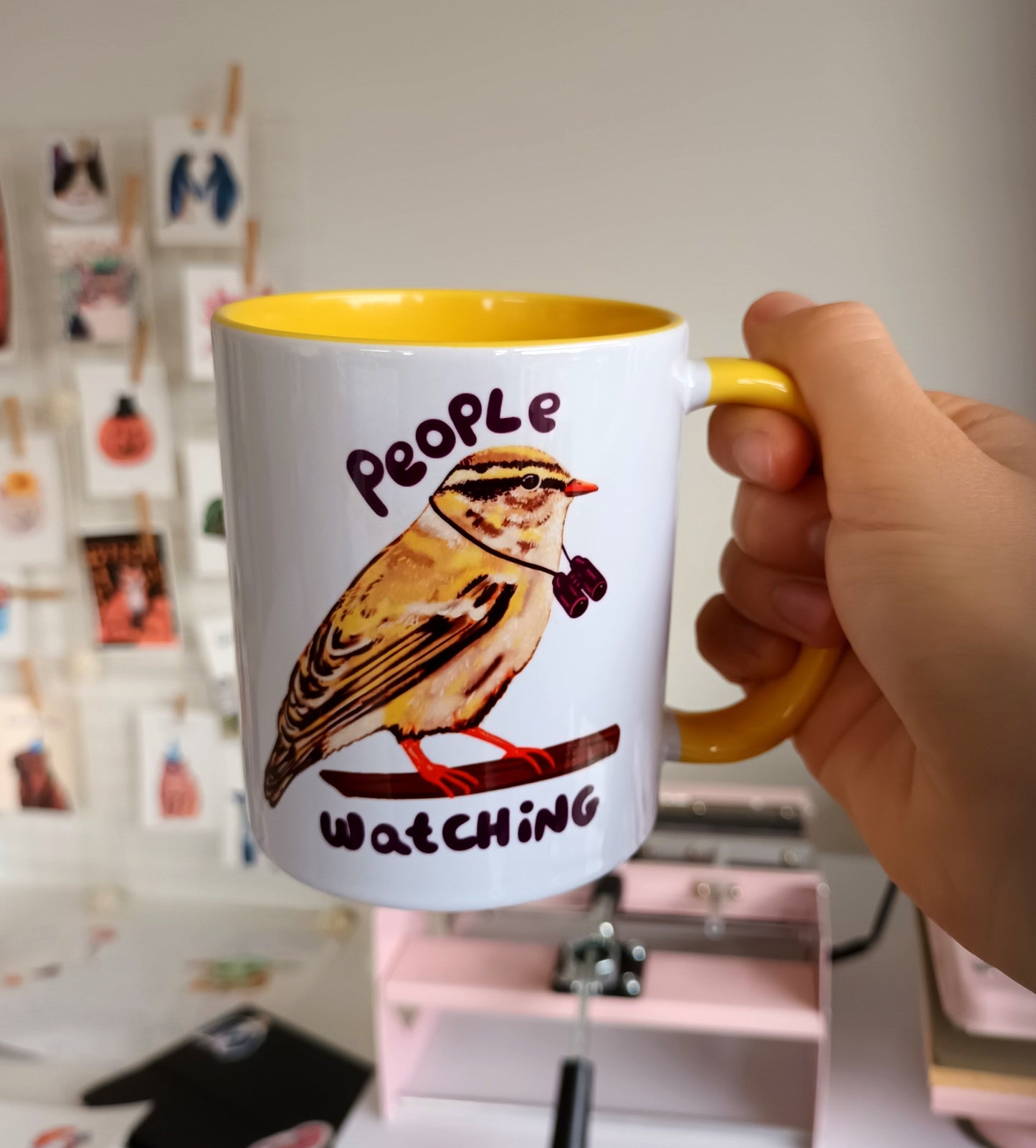 cute handmade mug with a yellow bird saying "People watching", perfect gift for bird watchers.