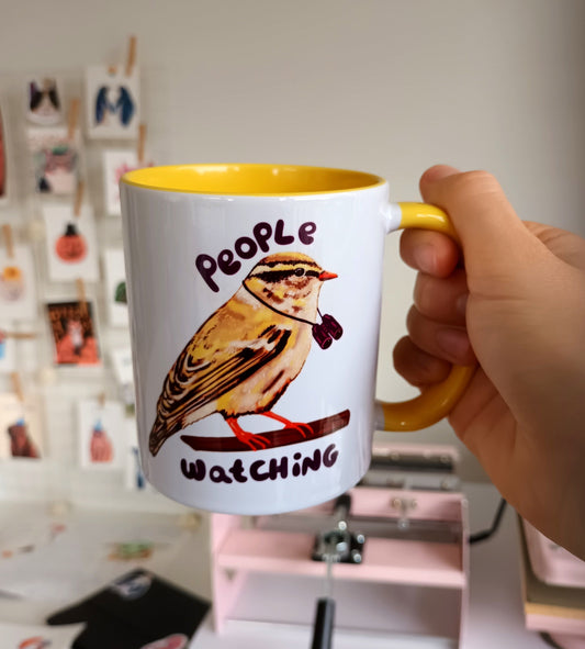 cute handmade mug with a yellow bird saying "People watching", perfect gift for bird watchers.