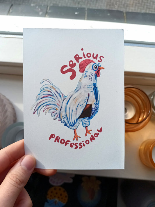 Pip the Professional Chicken postcard, cute chicken wearing glasses and tie, original character by the artist