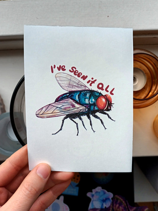 Green Bottle Fly postcard with “I’ve Seen It All” text, original illustration by the artist