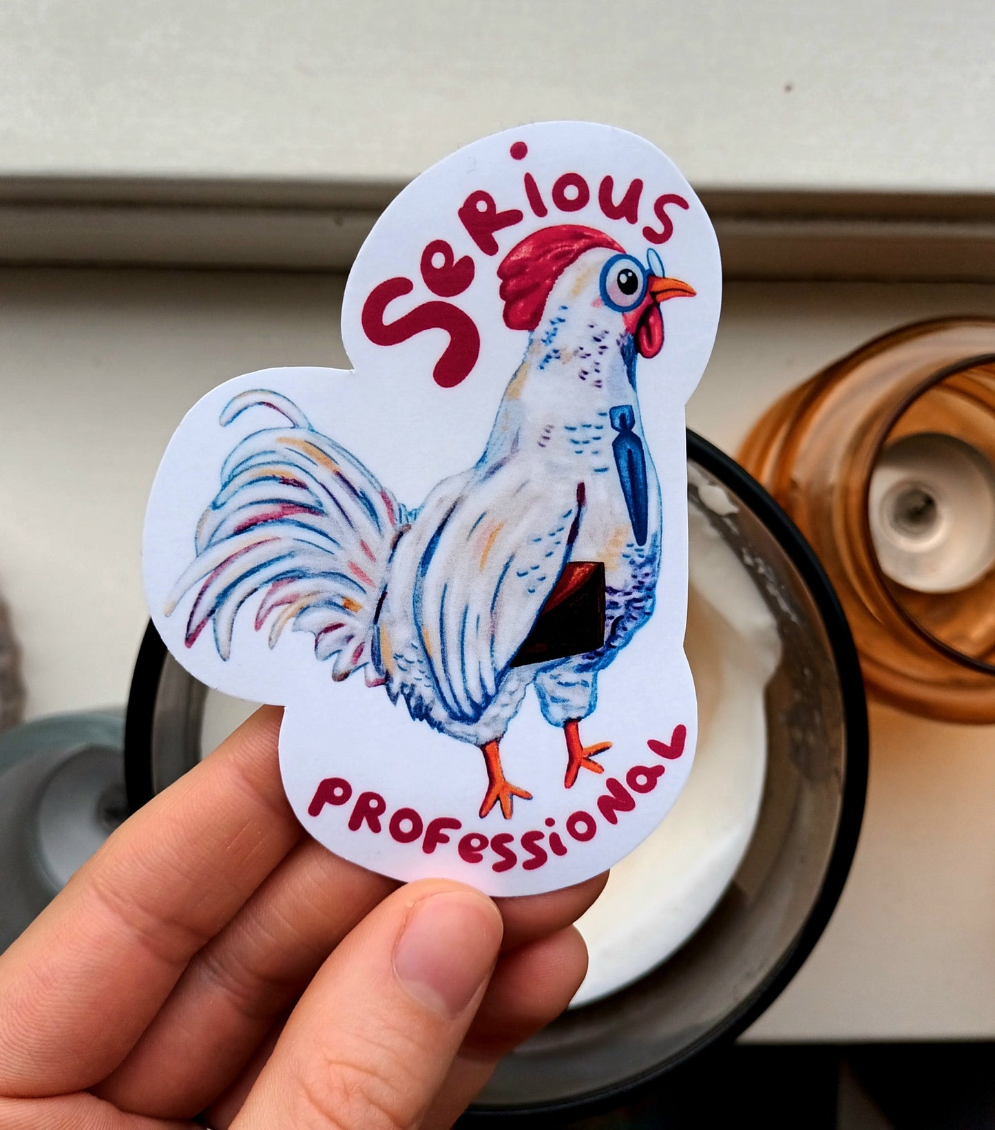 Pip the Professional Chicken sticker, cute chicken wearing glasses and tie, original character by the artist, 7 x 9.42 cm