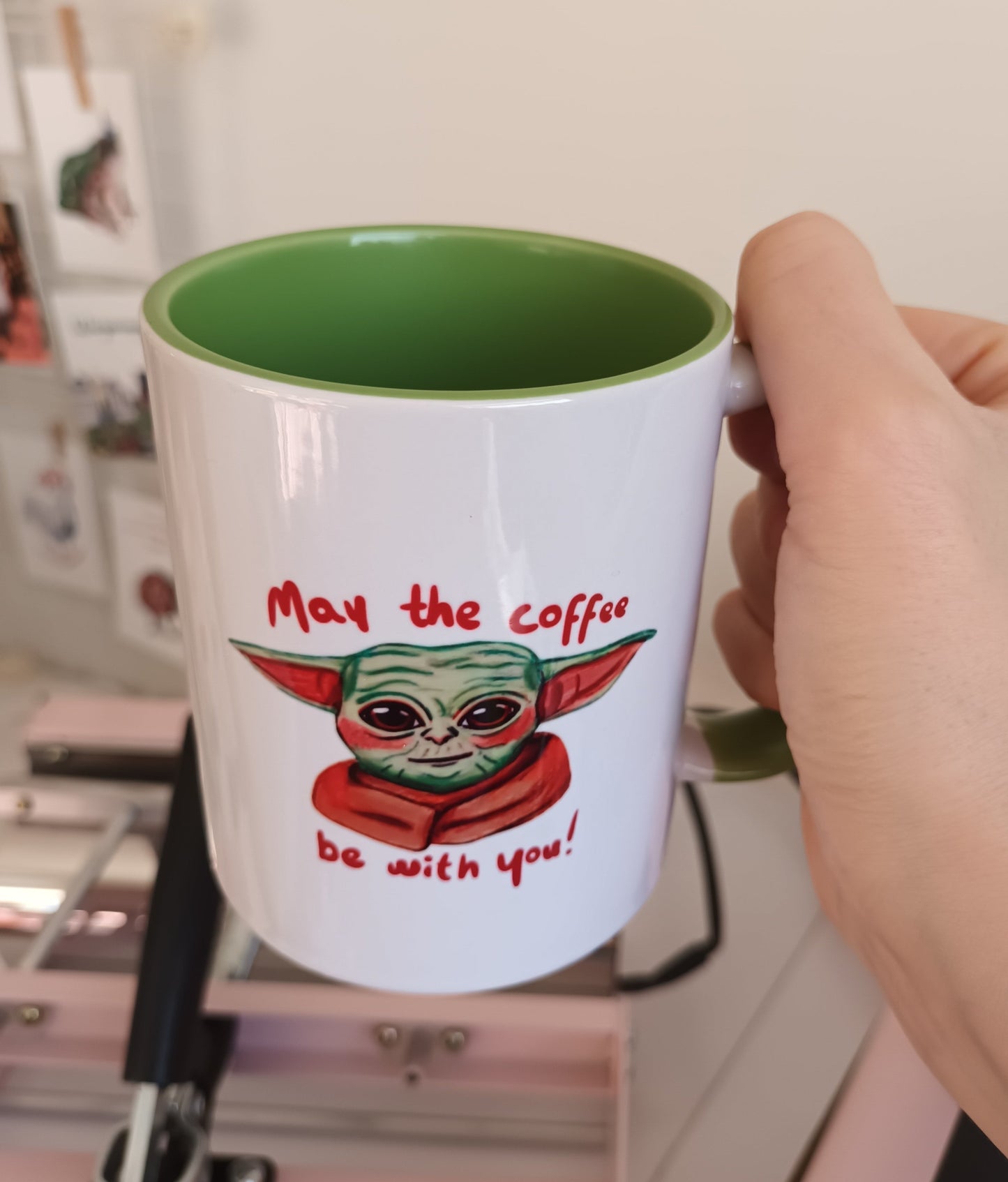 Yoda fanart mug with green handle and interior, original illustration by the artist