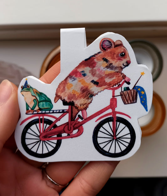 Hamster Wizard and Frog on a Bike – Cute Handmade Magnetic Bookmark