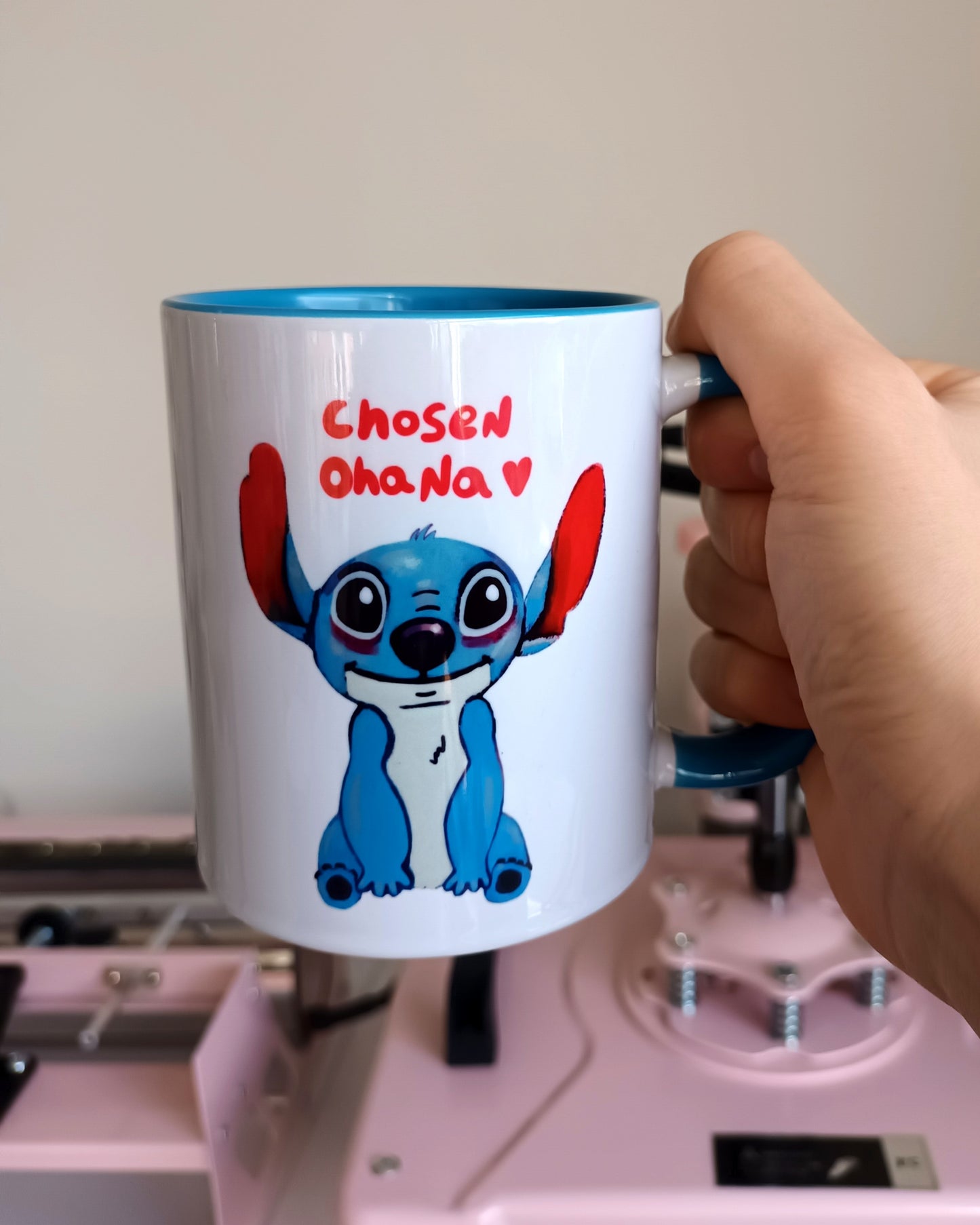 Stitch fanart mug with “chosen ohana” text and light blue handle, original illustration by the artist