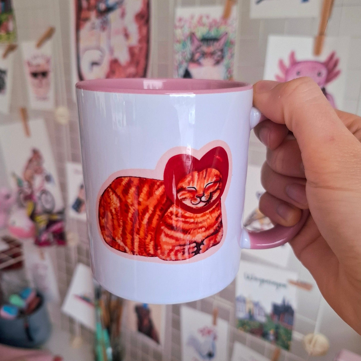 Cat with heart hat mug with pink handle and inside, handmade cute valentine's gift