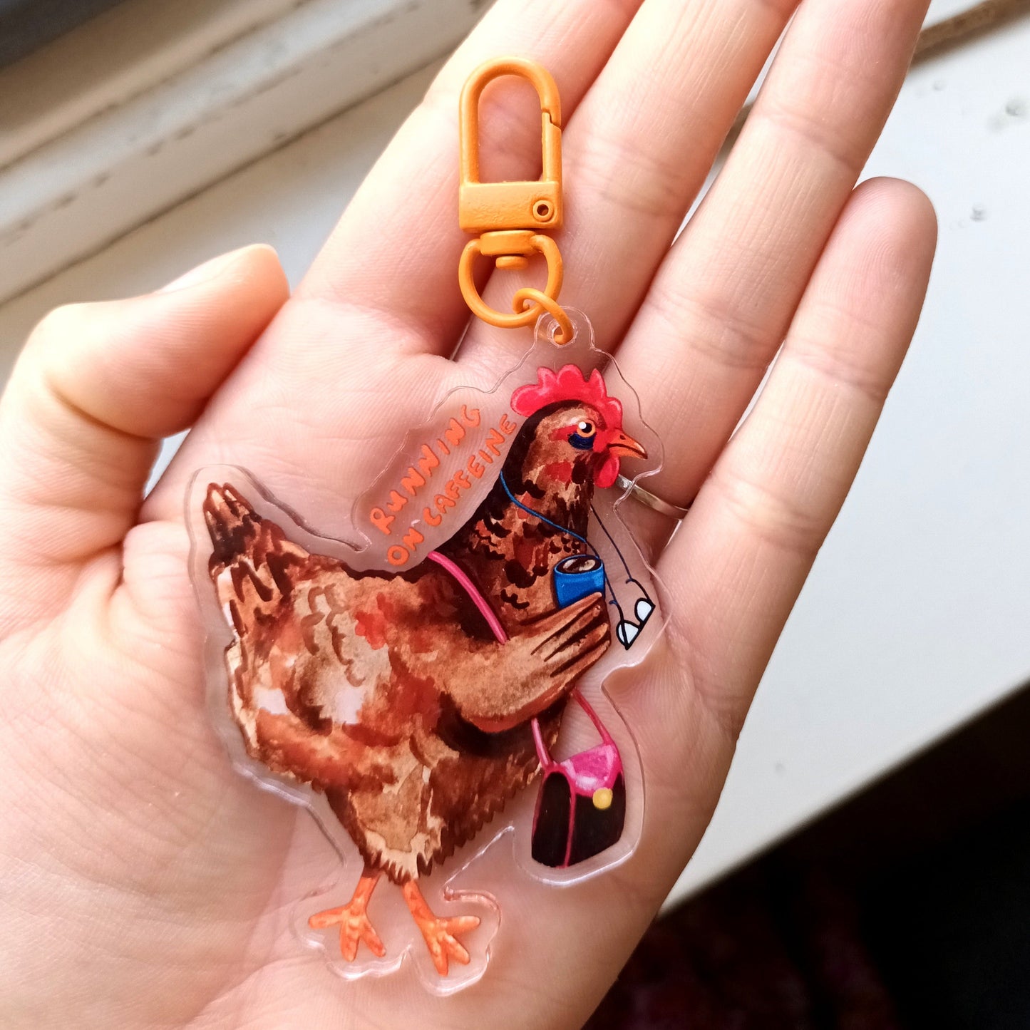 Running on Caffeine Chicken Charm - Large Acrylic Keychain