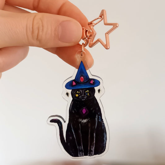 Hand holding a black cat keychain with a witch hat against a neutral background