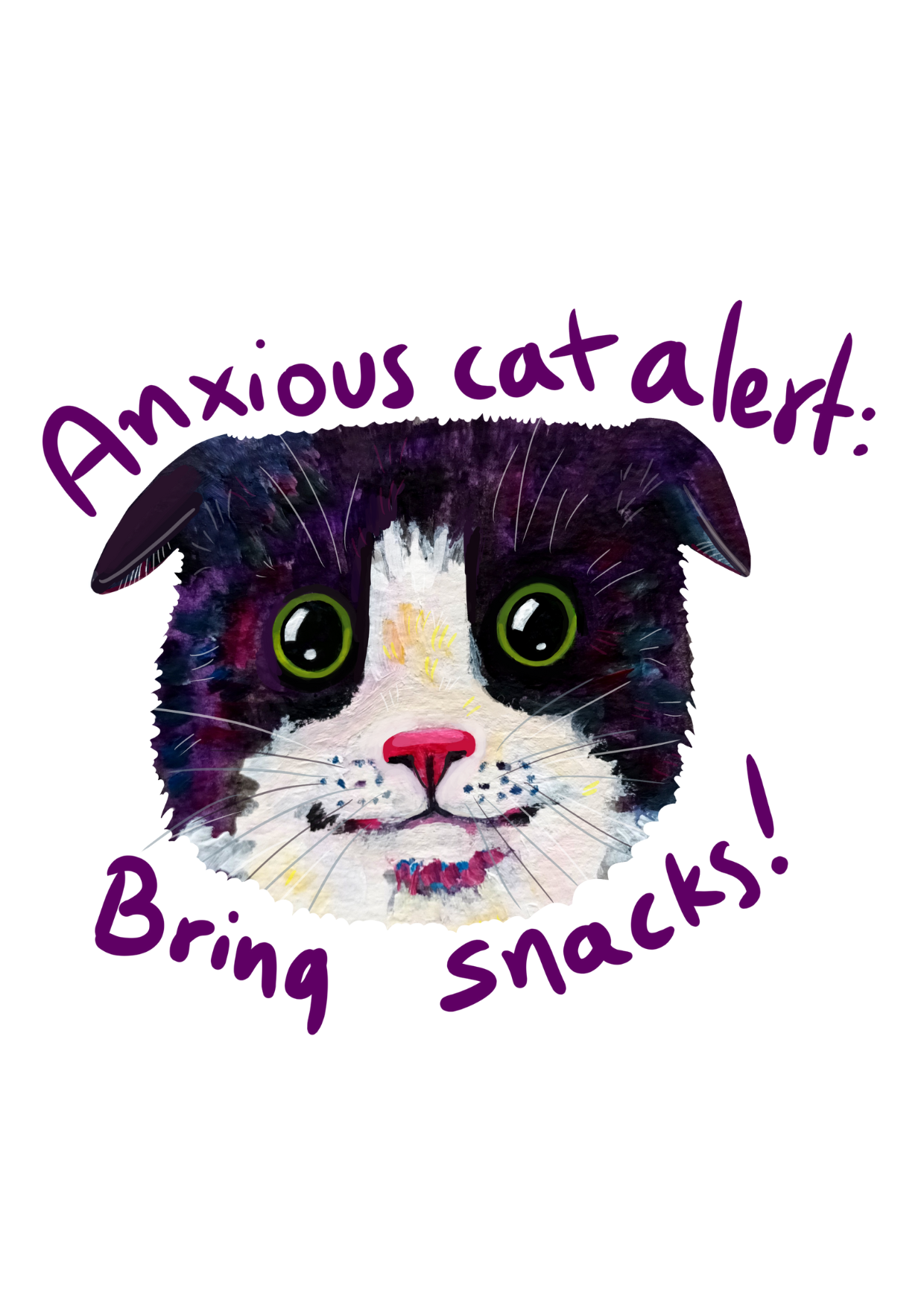 Handmade anxious cat postcard with the text 'Bring Snacks', printed on eco-friendly matte paper, perfect for mailing or collecting.