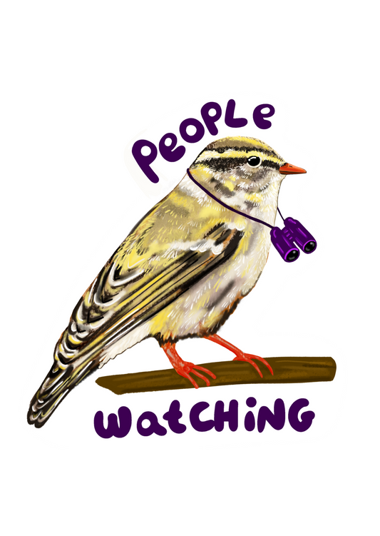 Bird with binoculars and 'People Watching' text on a white background