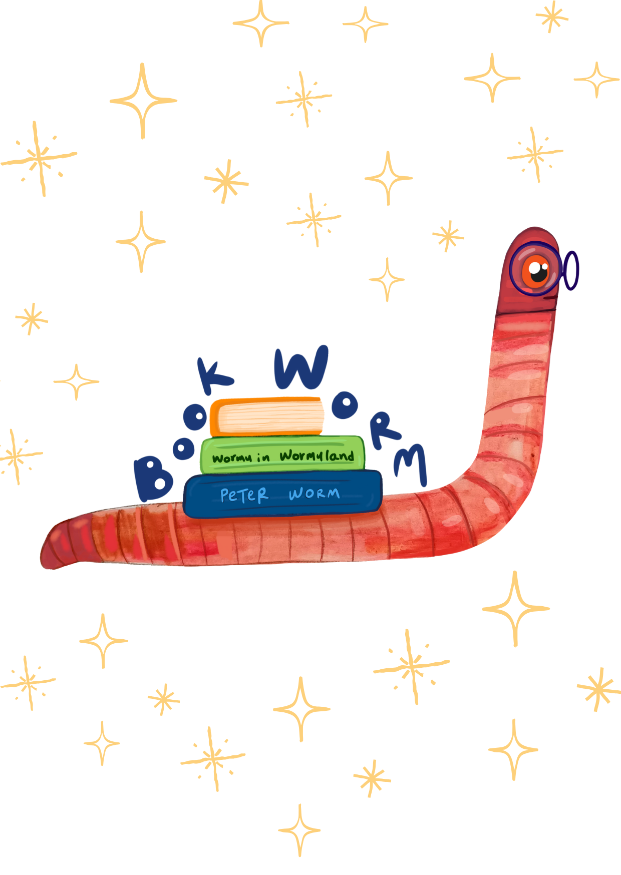 Book Worm postcard with a cute worm wearing glasses carrying books, printed by the artist
