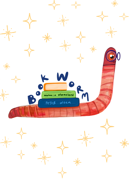 Book Worm postcard with a cute worm wearing glasses carrying books, printed by the artist