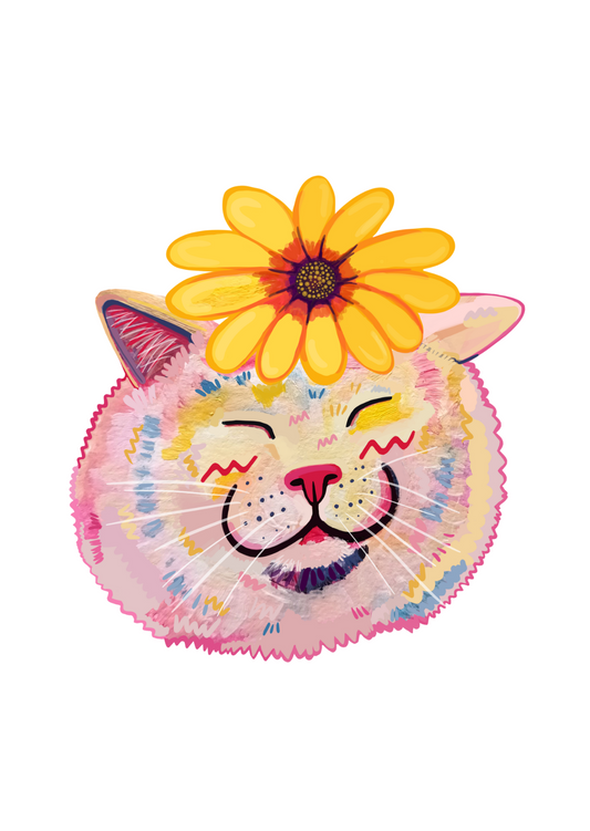 Flower Cat Postcard - Cute Cat Art Card
