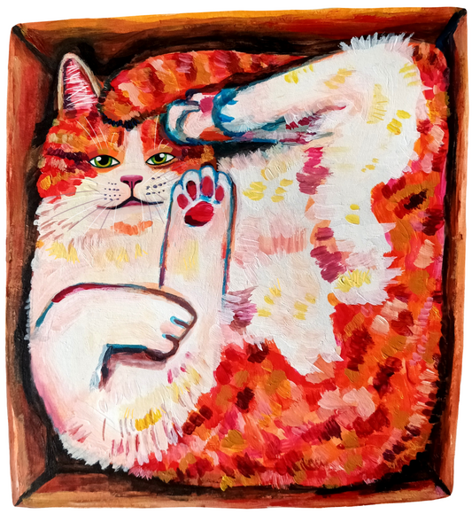 Square art print of a cute orange cat sitting in a cardboard box, printed on eco-friendly paper, 21 x 21 cm.