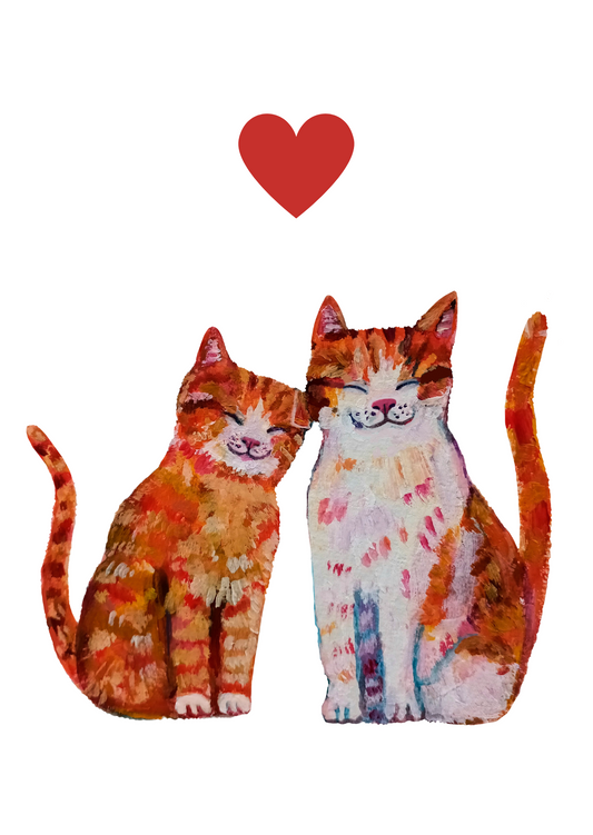 Handmade postcard featuring a full-body illustration of two loving cats sitting together, tails intertwined, high-quality romantic art card