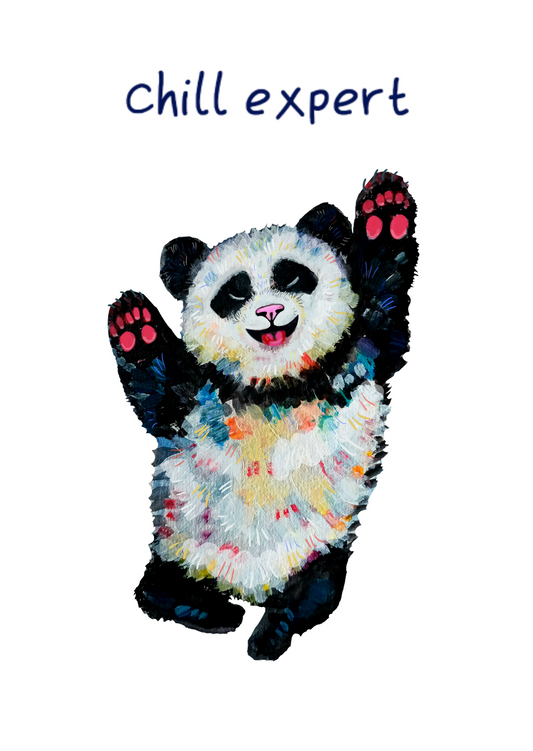 Handmade greeting card featuring a cute panda with the caption 'Chill Expert', printed on eco-friendly matte paper.