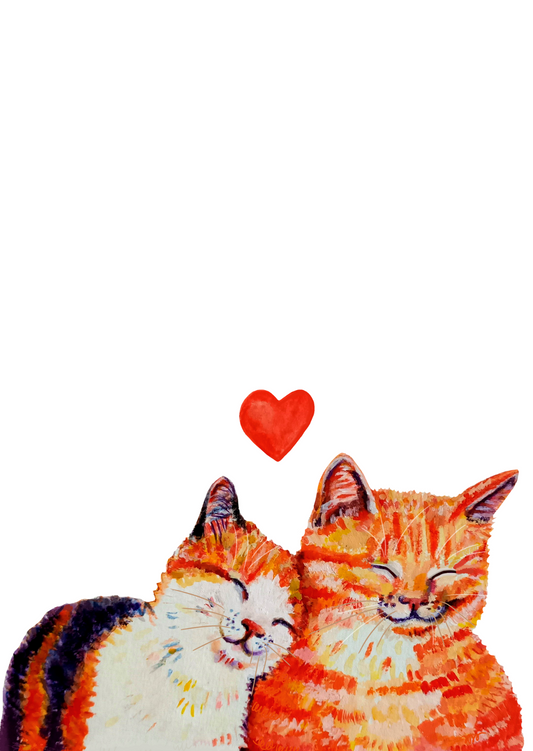 Handmade postcard featuring a close-up illustration of two cute cats in love, snuggling together, high-quality art card