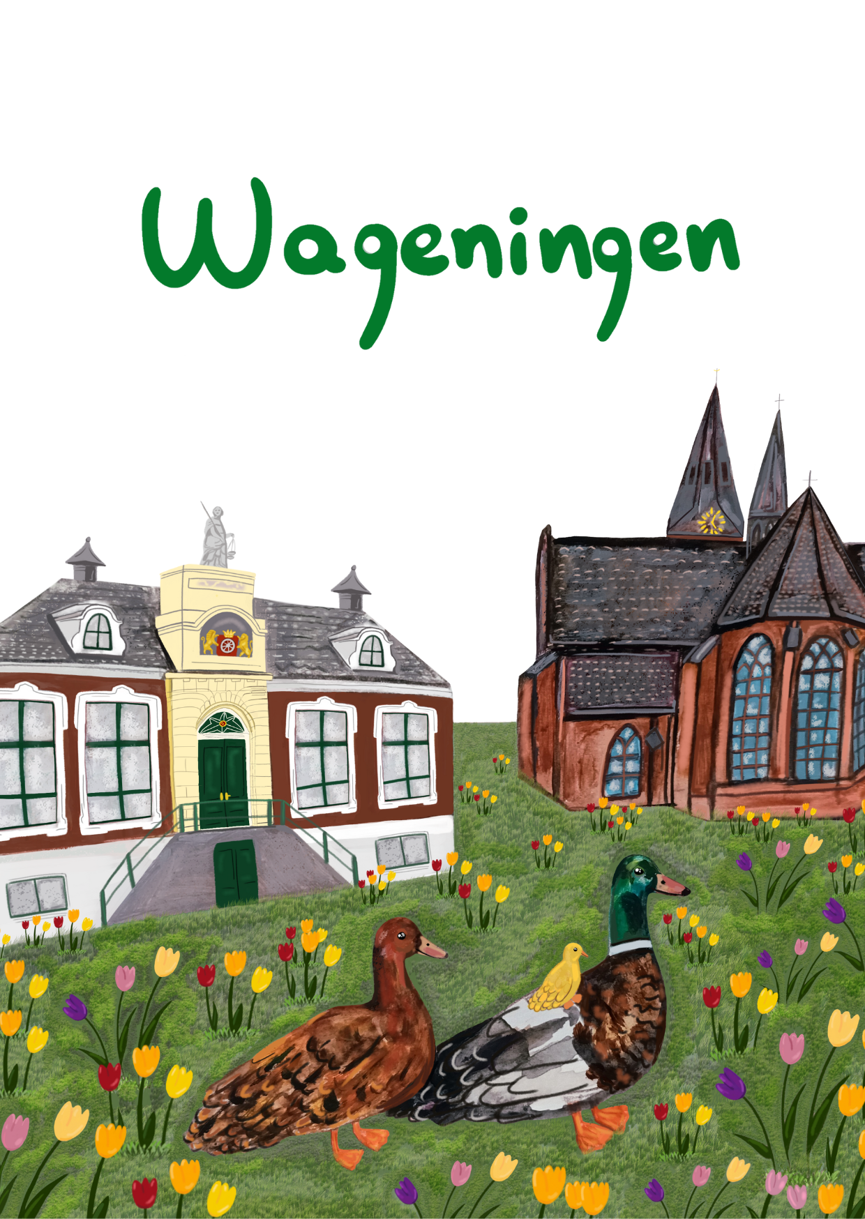 Hand-painted Wageningen postcard with municipality and church, tulips in bloom, and a cute duck family in front, printed on eco-friendly paper.