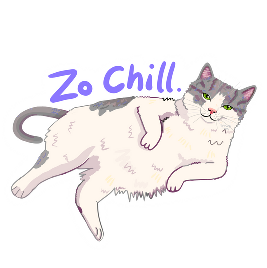 Lazy hand-painted cat lounging with a sassy expression, printed on a matte, slightly square eco-friendly postcard