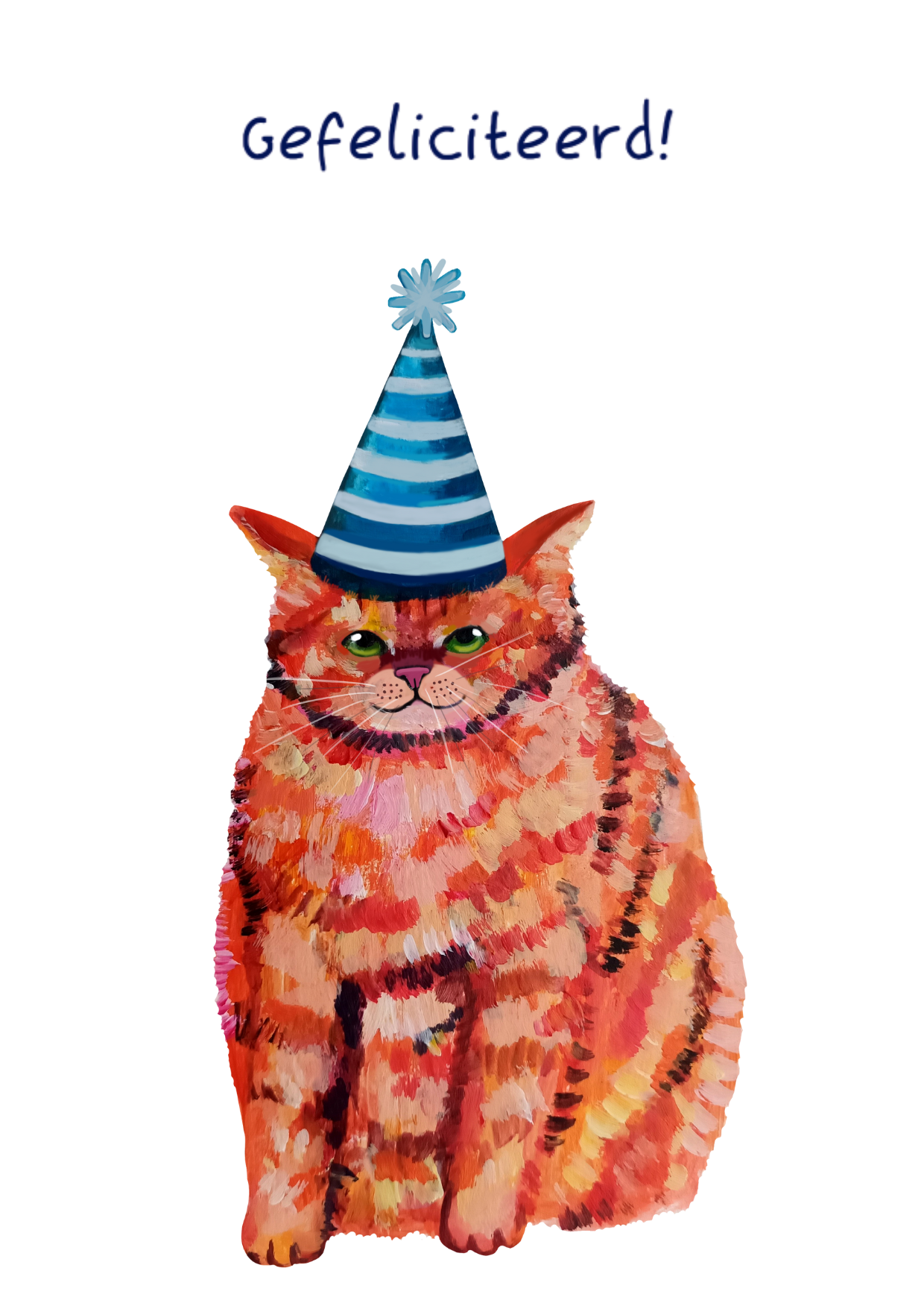 Handmade Happy Birthday greeting card featuring a cute chubby orange cat, high-quality illustration on eco-friendly paper in dutch