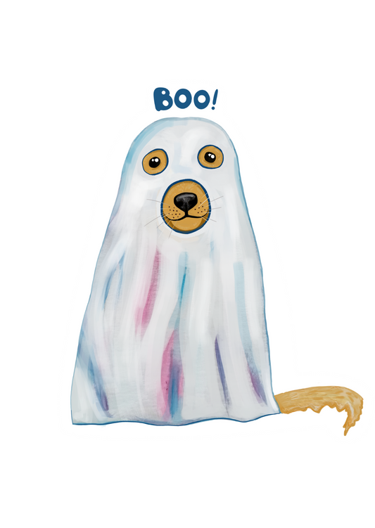 Dog ghost with 'BOO!' text on a white background postcard