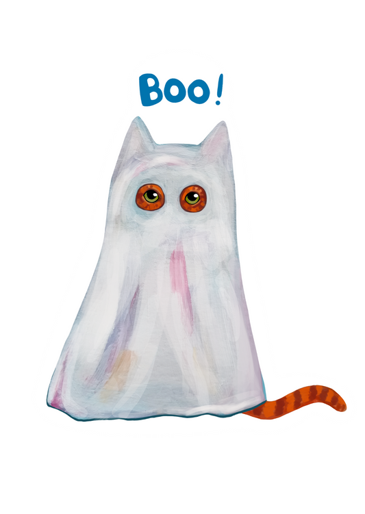 Handmade Boo Cat Halloween postcard with cat in ghost sheet