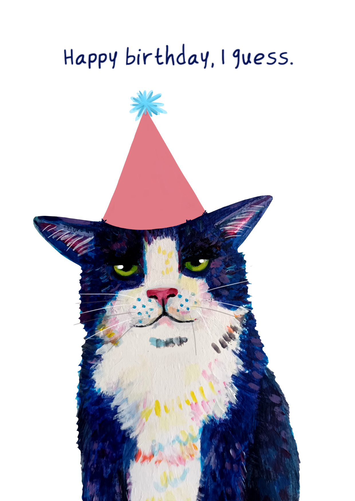 Funny Happy Birthday greeting card featuring a sassy tuxedo cat with ‘Happy Birthday, I Guess’ text, printed on eco-friendly paper