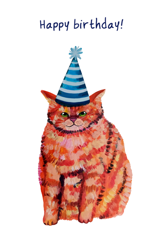 Handmade Happy Birthday greeting card featuring a cute chubby orange cat, high-quality illustration on eco-friendly paper in english