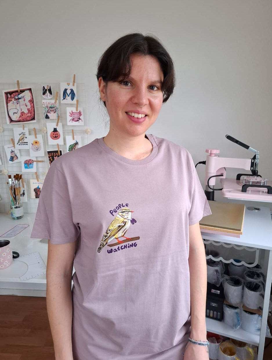 Lavender People Watching Bird T-shirt made from organic cotton, printed by the artist