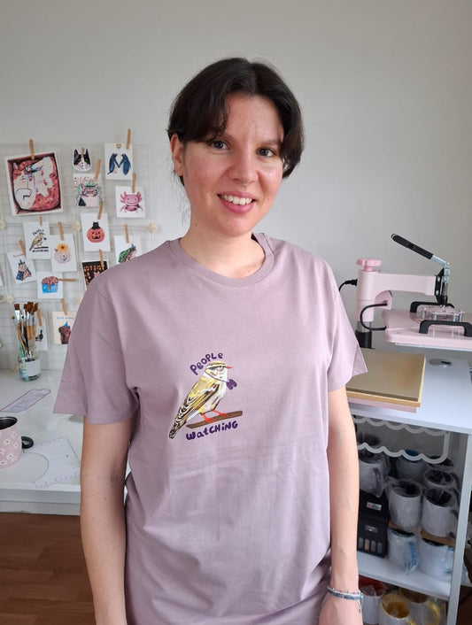 Lavender People Watching Bird T-shirt made from organic cotton, printed by the artist