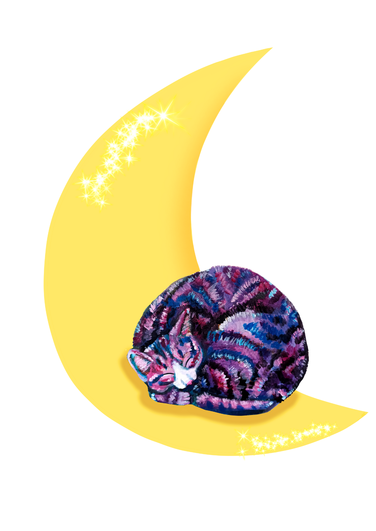 Handmade celestial postcard featuring a dreamy purple cat sleeping on a crescent moon, high-quality illustration art card