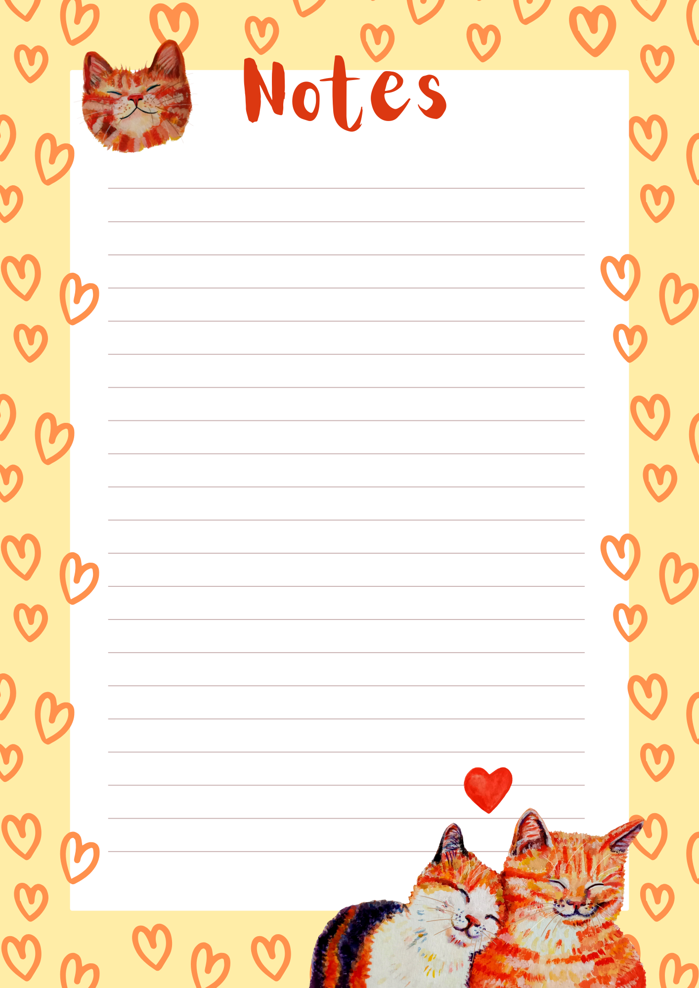 Cute notepad featuring two cats in love, warm yellow-orange colour, available in 30 or 50 pages, printed on eco-friendly paper with a sturdy cardboard back (design)