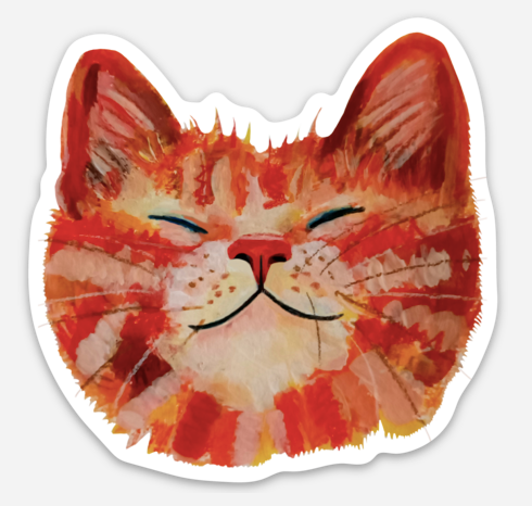 Cute smiling orange cat face sticker, hand-drawn illustration, waterproof vinyl decal