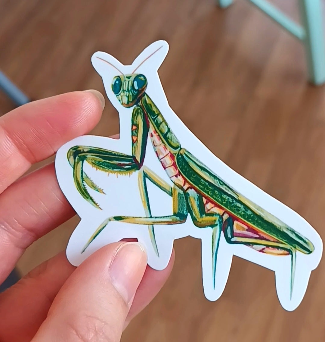 Hand holding a colorful praying mantis sticker against a blurred background
