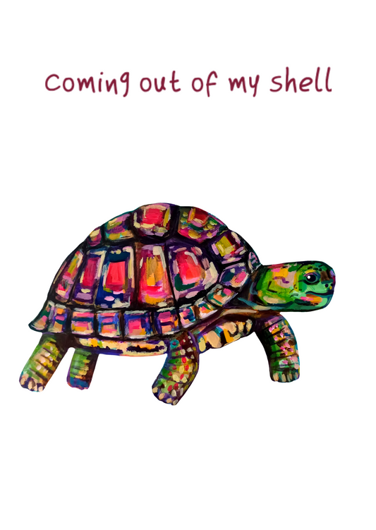 Handmade colourful postcard featuring a cute turtle emerging from its shell, high-quality illustration art card