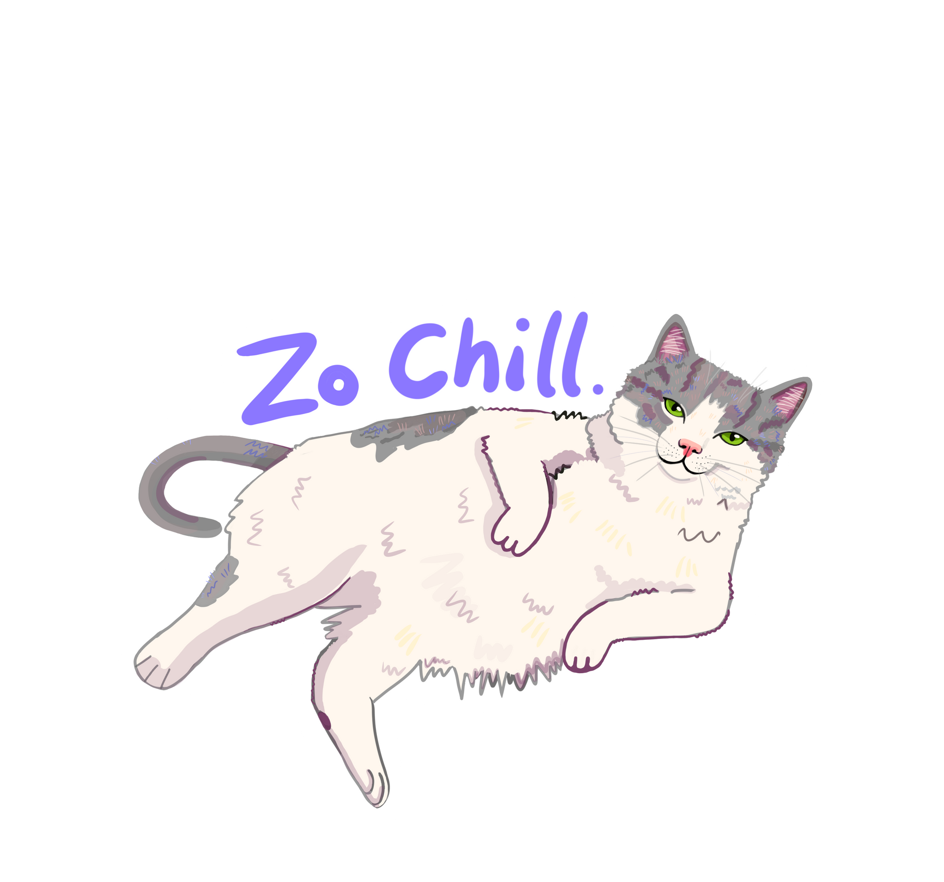 Sassy tuxedo cat vinyl sticker titled "Zo Chill" featuring a relaxed cat laying down, size 9 x 6.77 cm, handmade and waterproof