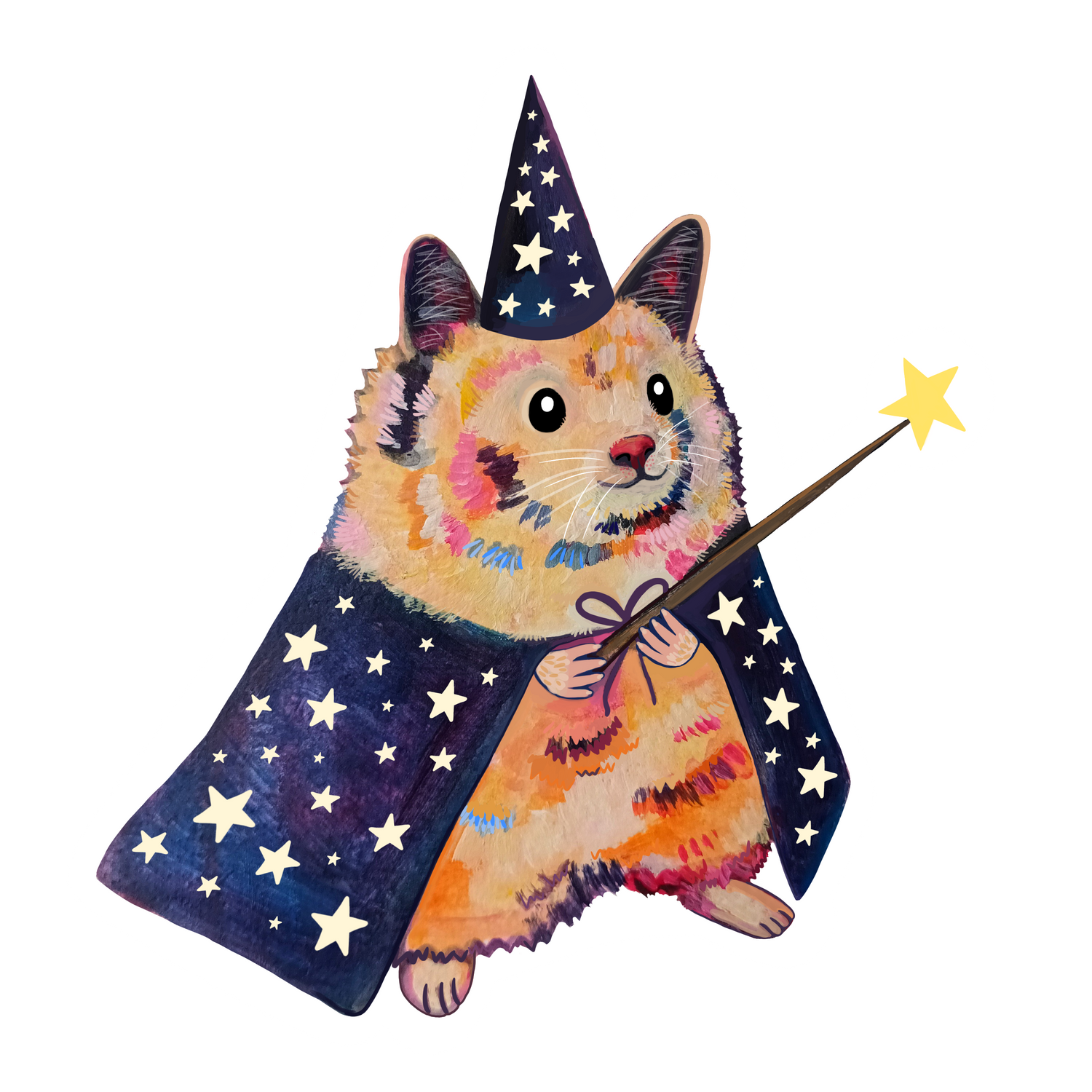 A sticker of a cartoon hamster dressed as a magician with a wand and a wizard's hat, adorned with stars on a black background.