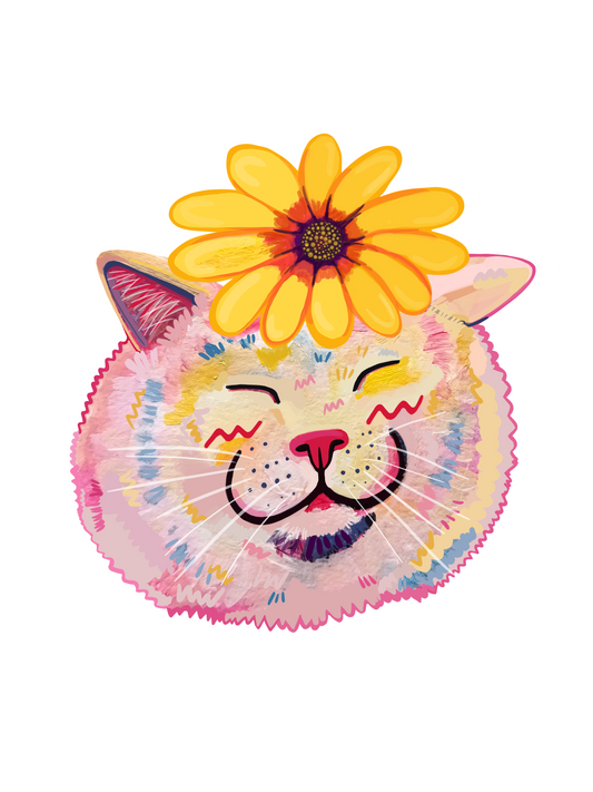 Cute white cat sticker with a pink flower, hand-painted vinyl design, approximately 7 x 7.54 cm, waterproof and handmade